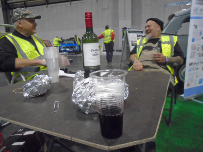 Mervyn and Stoney enjoy a liquid lunch during the hectic set-up day!