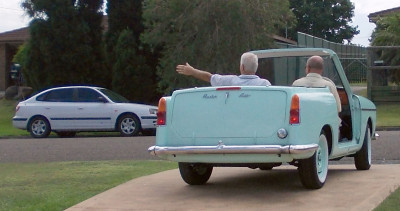 . . . as the daft pair set off on a test drive. Only in Australia !!